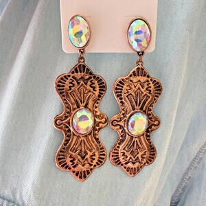 Huge Copper Tone Clear Crystal Rhinestone Concho Boho Western Cowgirl Earrings